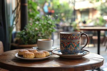 cozy cafe with Arabic coffee and pastries on a wooden table