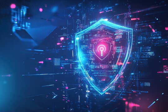 A vibrant digital shield with a keyhole emblem amidst a backdrop of colorful technological patterns, symbolizing digital security and protection.