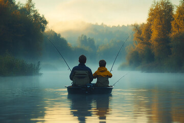 Scenic Family Weekend Fishing at Sunrise in a Generative AI Artwork