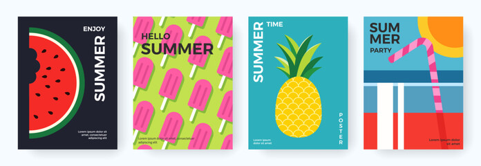 Colorful set of summer backgrounds with watermelon, cocktail, pineapple, ice cream. Abstract vacation, weekend and summer time concept. Minimal design for cover, poster, card, banner, flyer, brochure © Anastasiya Stoma