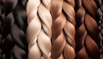 Hair braids in colors from blonde to dark brown on a white studio background