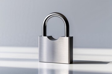 Naklejka premium Shiny Silver Padlock Standing Upright on Glossy Surface