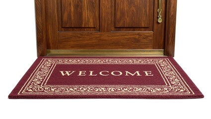 Fototapeta premium Elegant walnut front door with brass details adorned with a deep burgundy welcome mat Classic and inviting home entryway