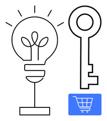 Lightbulb with sprout inside, key connected to digital shopping cart. Ideal for innovation, business strategy, online shopping, ideas, unlocking potential, sustainability e-commerce. Flat simple