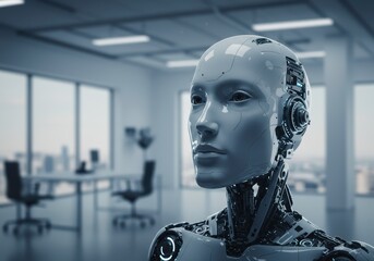 Futuristic humanoid robot in modern office space, representing artificial intelligence advancements for corporate automation and innovative technology solutions use