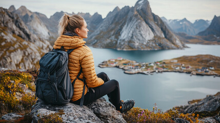 Naklejka premium A young woman enjoying a mountain view in Norway's fjords