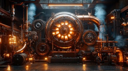 Intricate steampunk engine room.  A complex network of gears, pipes, and mechanisms, lit by warm, glowing lights, creates a mesmerizing scene.