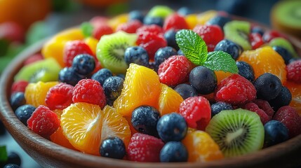 Obraz premium Colorful fruit salad in a bowl, fresh fruit, healthy eating, vibrant background