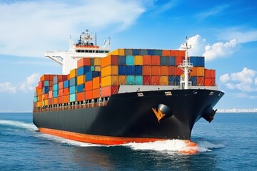 Fototapeta premium Container Cargo freight ship with working crane bridge Container Cargo freight ship with working crane bridge in the sea for Logistic Import Export background .