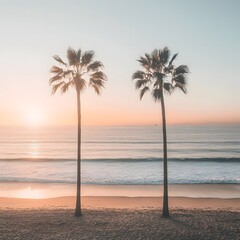 Palm Trees on Tropical Beach with Clear Skies and Sunset