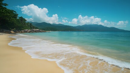 Peaceful Beach with Calm Ocean Waves and Soft Sandy Shores