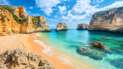 Scenic Beach Landscape with Clear Water and Golden Sandy Shore