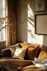 Cozy living room bathed in sunlight.  Soft, warm tones create a relaxing atmosphere