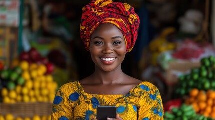 Fototapeta premium Vibrant Portrait of a Smiling Woman in Traditional Attire with Smartphone at a Colorful Local Market Full of Fresh Produce