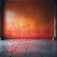 Create a visually striking background with a vibrant orange gradient wall that transitions from a soft, warm . The floor features a classic Roman-inspired gray stone pattern
