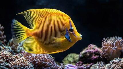 Vibrant Yellow Fish in a Coral Reef Aquarium