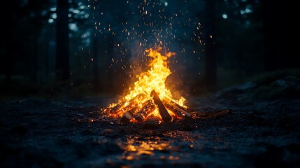 Beautiful Campfire Night Scene With Sparks Floating Among Tall Forest Trees Photo