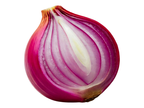 Studio shot of a halved red onion, showcasing its vibrant layers and texture.  Ideal for culinary websites, recipe blogs, or food packaging. High-resolution image perfect for print and digital use.