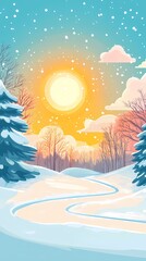 Naklejka premium Winter Sunrise Landscape with Snow Trail