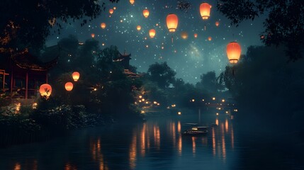 A quiet riverside illuminated by soft glowing red lanterns drifting under a canopy of stars