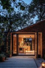 Warm interior of a modern kitchen seen from a cozy outdoor patio at dusk, showcasing a blend of natural materials and inviting ambiance in the heart of nature