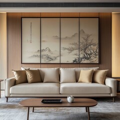 Modern Asian-inspired living room with cream sofa and natural wood accents.  Tranquil, sophisticated, and minimalist aesthetic.  Artwork features traditional Chinese landscape painting