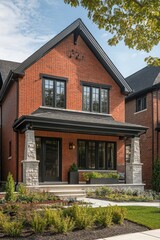Beautiful modern brick house with large windows and stone accents situated in a suburban neighborhood surrounded by lush greenery on a sunny day