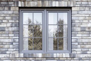 Fototapeta premium Reflections of nature seen through a gray window on a brick wall in an urban setting during the day showcasing a blend of architecture and the outdoors