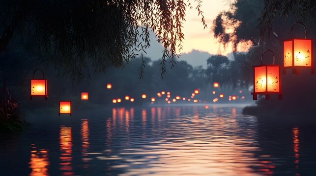 A peaceful riverscape at dusk with floating red lanterns adding warmth to the cool water tones