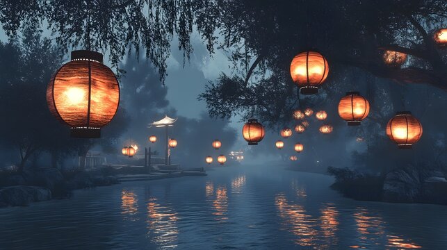 A peaceful riverscape at dusk with floating red lanterns adding warmth to the cool water tones