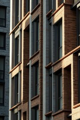 A close-up perspective of contemporary architecture highlights a striking brick and gray facade, beautifully illuminated by the soft, warm light of late afternoon in an urban environment