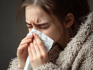 Young woman suffering from allergy symptoms while holding a tissue in her hands, feeling discomfort and frustration, health issue concept