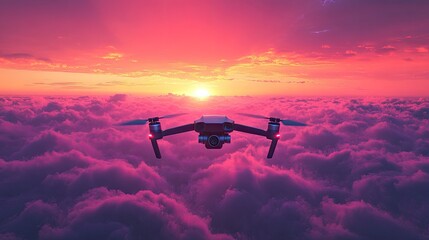 A drone is flying over a pink cloudy sky at sunset