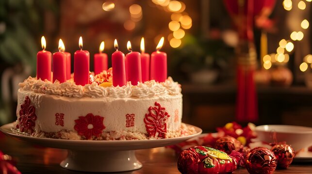 A Chinese New Year cake displayed with festive red candles and auspicious symbols in the background