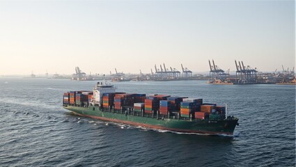 Obraz premium Vibrant cargo ship in bustling port with industrial cranes busy docks and clear morning sky Perfect for transportation concepts