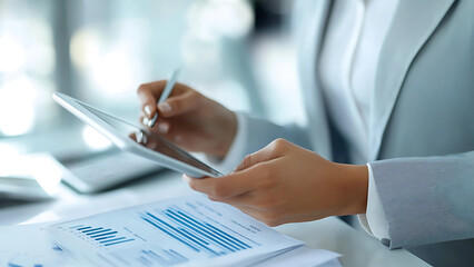 Professional analyzing business data on tablet with stylus surrounded by printed charts and graphs in modern setting