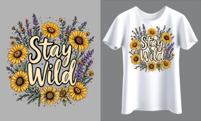 Fotobehang Floral Stay Wild T-Shirt Design with Sunflowers © Ziz_Design