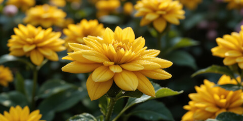 Obraz premium Yellow flowers with rain drops a close up of yellow flowers with rain drops.