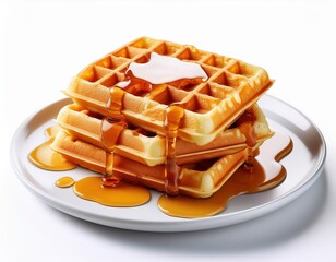 Stack of crispy waffles with butter and maple syrup drizzle on white plate
