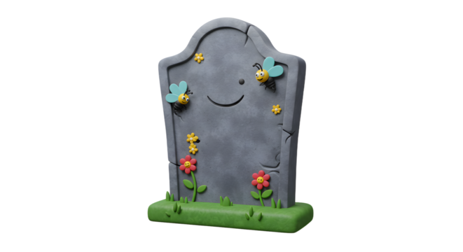 Cartoon Tombstone with Bees and Flowers Decorative Illustration