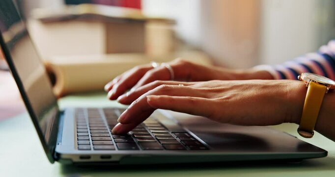 Logistics, laptop and hands of woman typing in office for procurement email, supply chain or order update. Computer keyboard, closeup and writing online for shipping, small business and sales review