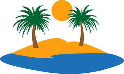 Vector illustration of tropical island with palm trees, blue ocean, bright sun. Minimalist vacation scene symbolizing paradise escape