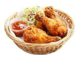 Crispy Fried Chicken Drumsticks, Coleslaw, and Sauce in Basket with Transparent Background