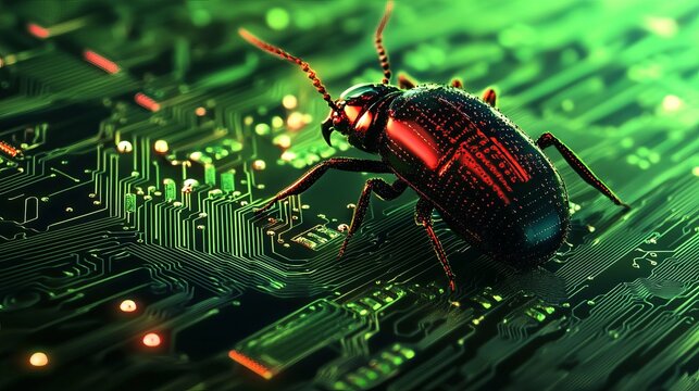 A digital bug crawling on a green circuit board with red accents and a dark background creating depth