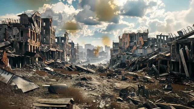 Desolation reigns in the war-torn cityscape, where silence speaks volumes about past strife and resilience