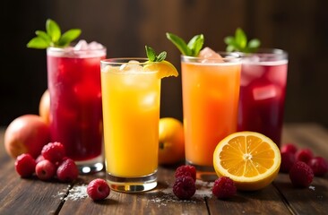 A variety of refreshing drinks on a dark background.