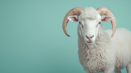 Fototapeta premium Close Up of a Majestic White Sheep with Curved Horns Against a Soft Mint Green Background