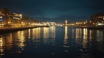 Obraz premium Vibrant Nightscape of a Coastal City: Sparkling Lights Reflecting on Water, Urban Beauty, and Modern Architecture.