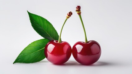 Cherry with stem and leaves placed on a white background.