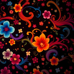Abstract colorful background with swirling patterns of flowers, waves, and abstract shapes art illustration design